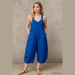 puro lino linen royal Blue Overalls made in italy jumpsuit
